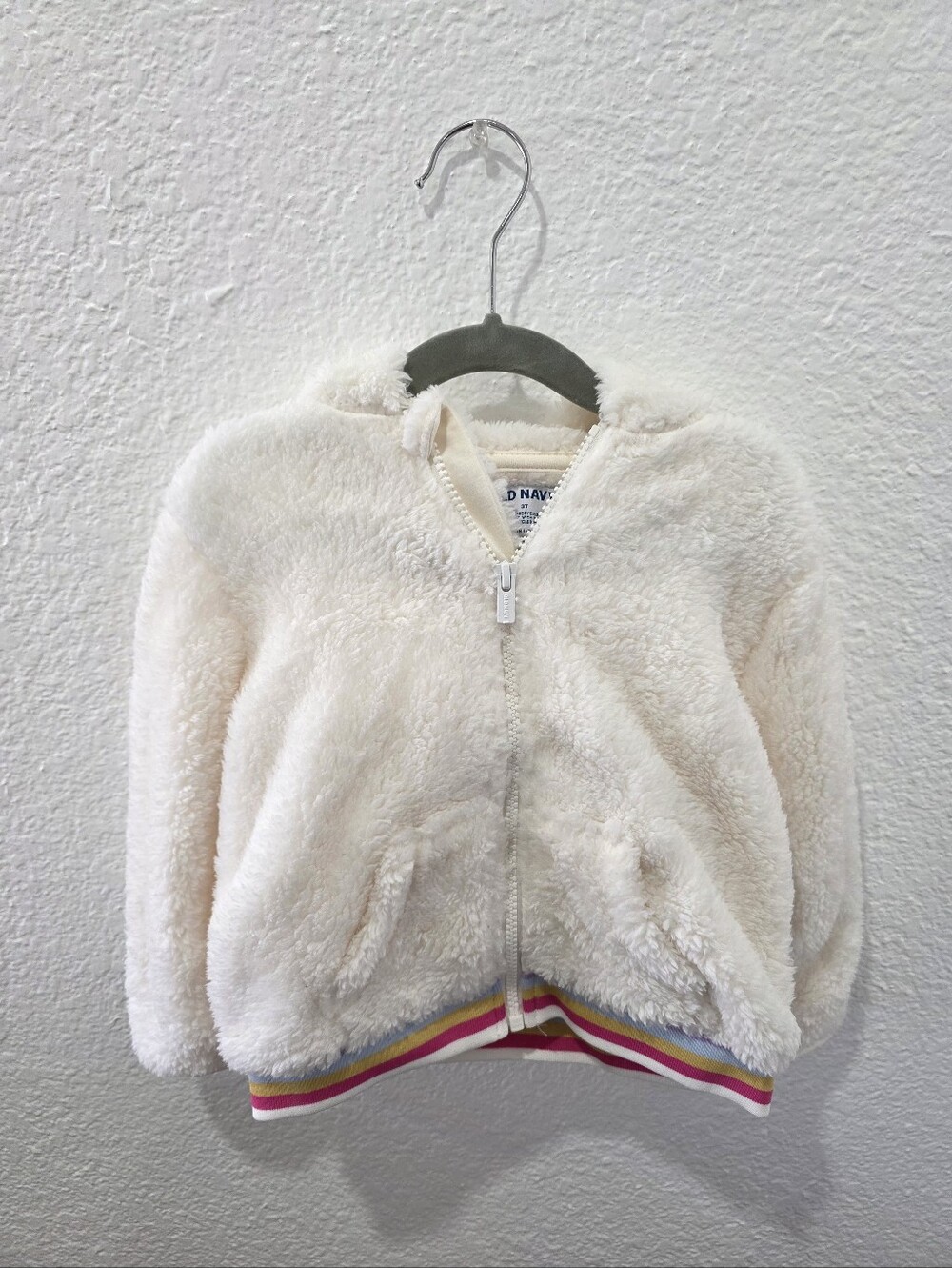 Old Navy Cream Faux Fur Zip Hoodie with Rainbow Trim With Unicorn Hood